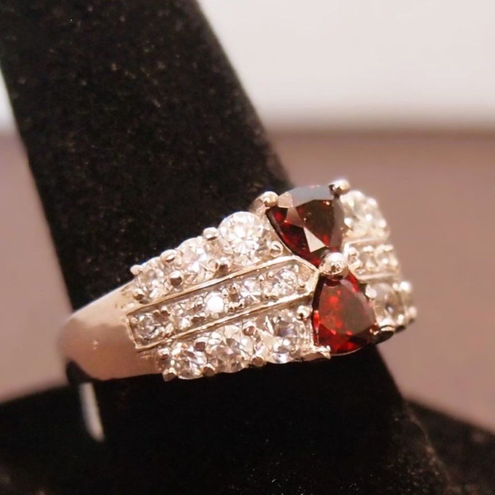 Beautiful Artisan .925 Sterling Silver with Ruby Red Trilliant Cut Center Stones - Picture 2 of 6
